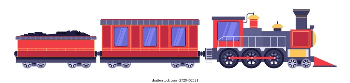 Flat vector steam train illustration with locomotive, passenger carriage, coal wagon. Cartoon vintage railway transport isolated on white background for travel, history, industry concepts.