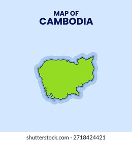 Ilustración plana de la etiqueta engomada del Vector del mapa de Camboya con el contorno atrevido y el resplandor azul sobre fondo azul.