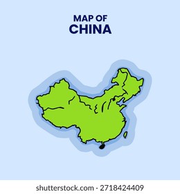 Ilustración plana de la etiqueta engomada del Vector del mapa de China con el contorno atrevido y el resplandor azul en fondo azul.