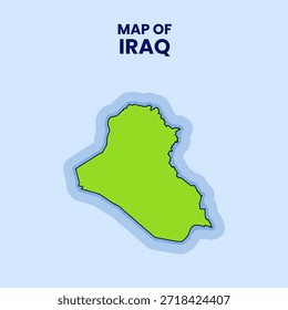 Ilustración plana de la etiqueta engomada del Vector del mapa de Iraq con el contorno atrevido y el resplandor azul sobre fondo azul.