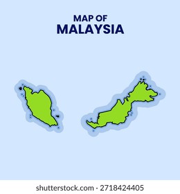 Ilustración plana de la etiqueta engomada del Vector del mapa de Malasia con el contorno atrevido y el resplandor azul en fondo azul.