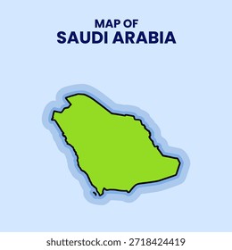 Ilustración plana de la etiqueta engomada del Vector del mapa de Arabia Saudita con el contorno atrevido y el resplandor azul sobre fondo azul.