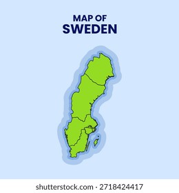 Ilustración de pegatina de Vector plano de mapa de Suecia con contorno en negrita y brillo azul sobre fondo azul.
