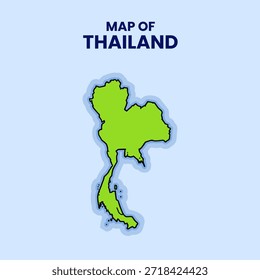 Ilustración plana de la etiqueta engomada del Vector del mapa de Tailandia con el contorno atrevido y el resplandor azul sobre fondo azul.