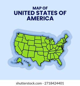 Ilustración plana de la etiqueta engomada del Vector del mapa de los EE.UU. con el contorno audaz y el resplandor azul sobre fondo azul.