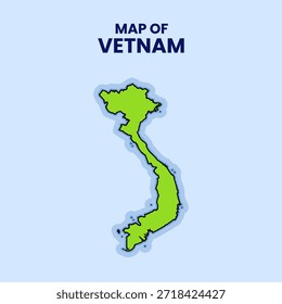 Ilustración plana de la etiqueta engomada del Vector del mapa de Vietnam con el contorno atrevido y el resplandor azul en fondo azul.