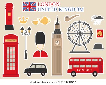 Flat vector sticker pack set of cultural symbols of United Kingdom. 