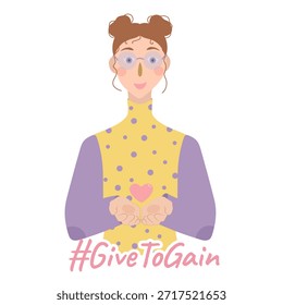 Etiqueta engomada plana del Vector de una mujer sonriente que sostiene un corazón con el texto de Dar para ganar. Concepto de caridad, bondad, generosidad y responsabilidad social en un estilo moderno de ilustración al pastel.
