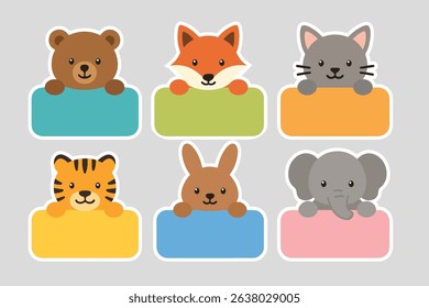 Flat vector stickers featuring wild animals: lion, elephant, giraffe, zebra, monkey, and hippo. Ideal for educational materials, kids' activities, and decorative purposes.