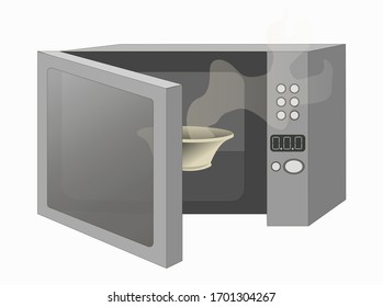 Flat vector stock illustration on a white background. An open microwave in gray colors is drawn, it has a plate