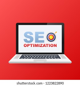 Flat vector stock illustration web analytics design , SEO optimization icon on laptop screen.