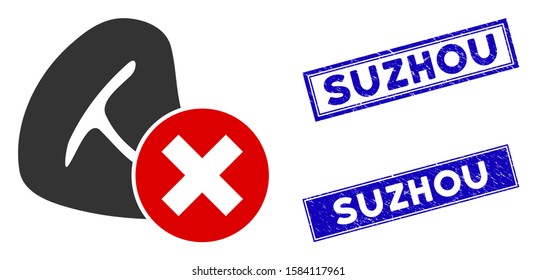 Flat vector stop meat eating icon and rectangular Suzhou seal stamps. A simple illustration iconic design of Stop Meat Eating on a white background. Blue Suzhou seal stamps with grunge textures.