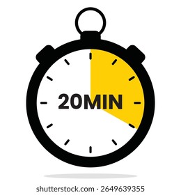 Cronômetro de vetor plano com um segmento de 20 minutos. Útil para instruções de culinária, rotinas de fitness, aplicativos de tempo e ferramentas de produtividade.
