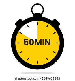 Flat vector stopwatch illustrating a 50‑minute countdown highlight. Suited for productivity timers, board games, cooking, and project monitoring.