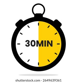 Flat vector stopwatch showing a 30‑minute countdown highlight. Ideal for productivity apps, fitness routines, cooking guides, and educational tools.