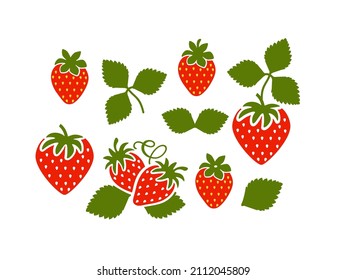 Flat vector strawberries isolated on white backgrounf. Summer fruit. Strawberry leaves.