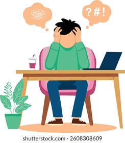 Flat vector of a stressed man holding his head at desk with laptop and coffee, symbolizing work overload and mental pressure