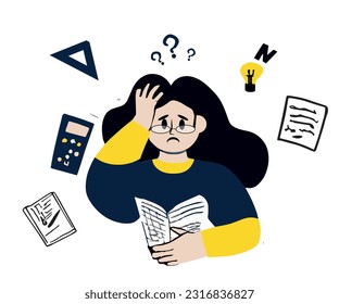 flat vector of a stressed student with a lot of accumulated content. vector illustration.