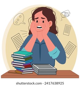flat vector of a stressed student with a lot of accumulated content. vector illustration.