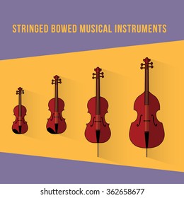 Flat vector stringed bowed musical instruments: Bass, cello, viola, violin