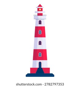 Flat vector striped lighthouse illustration in nautical coastal style. Maritime beacon isolated on light background.