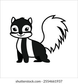 Flat Vector Striped Skunk Illustration, Cartoon Design with Black Body and White Stripes, Minimalist Modern Style