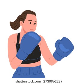 Vetor plano de uma pugilista feminina forte usando luvas de boxe em várias poses de luta e treinamento, mostrando socos, defesa e movimentos de boxe. Perfeito para fitness, treinamento de boxe, autodefesa, empoderamento das mulheres, conceitos esportivos, promoção de ginástica, cartazes, aplicativos e projetos de sites esportivos.