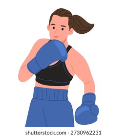 Vector plano de una boxeadora fuerte con guantes de boxeo en varias poses de pelea y entrenamiento, mostrando puñetazos, defensa y movimientos de boxeo. Perfecto para fitness, entrenamiento de boxeo, defensa personal, empoderamiento de las mujeres, conceptos deportivos, promoción de gimnasios, carteles, App y diseños de Sitios web deportivos.