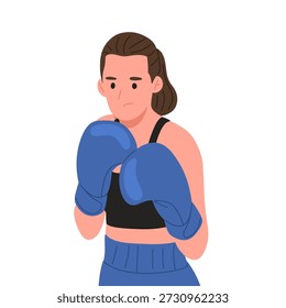 Vector plano de una boxeadora fuerte con guantes de boxeo en varias poses de pelea y entrenamiento, mostrando puñetazos, defensa y movimientos de boxeo. Perfecto para fitness, entrenamiento de boxeo, defensa personal, empoderamiento de las mujeres, conceptos deportivos, promoción de gimnasios, carteles, App y diseños de Sitios web deportivos.