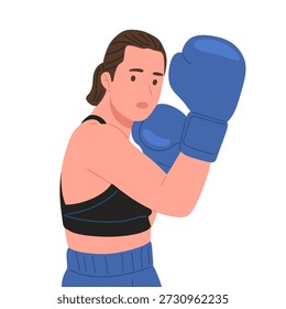 Vector plano de una boxeadora fuerte con guantes de boxeo en varias poses de pelea y entrenamiento, mostrando puñetazos, defensa y movimientos de boxeo. Perfecto para fitness, entrenamiento de boxeo, defensa personal, empoderamiento de las mujeres, conceptos deportivos, promoción de gimnasios, carteles, App y diseños de Sitios web deportivos.