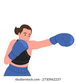 Vector plano de una boxeadora fuerte con guantes de boxeo en varias poses de pelea y entrenamiento, mostrando puñetazos, defensa y movimientos de boxeo. Perfecto para fitness, entrenamiento de boxeo, defensa personal, empoderamiento de las mujeres, conceptos deportivos, promoción de gimnasios, carteles, App y diseños de Sitios web deportivos.
