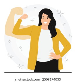 Flat vector strong powerful woman raises arms and shows biceps
