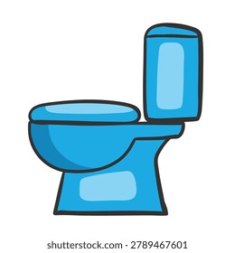 A flat vector style cartoon graphic of a blue toilet with a lid and tank isolated on a white background
