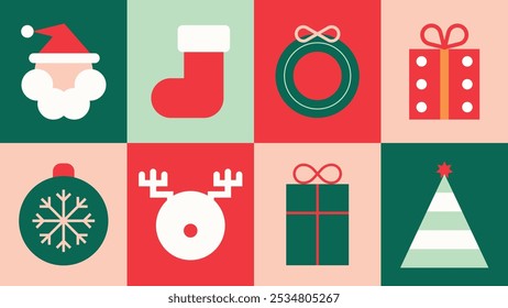 Flache Vektorgrafik-Symbole in Rot, Grün und Weiß. Der festliche Vektorstil umfasst den Weihnachtsmann, Geschenke und Ornamente. Nette Feiertage- und Weihnachtssymbole, einschließlich festlicher Vektorelemente.