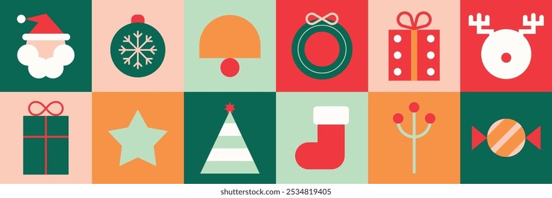 Flat vector style Christmas icons in vibrant colors. Flat vectors include Santa, gifts, and ornaments in red, green, and cream. Fun and colorful flat icon, festive holiday and Christmas element set.