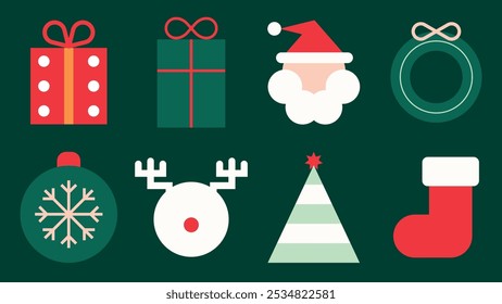 Iconos planos de Navidades de estilo Vector en rojo, verde y blanco. Estilo de Vector minimalista con regalos, Santa y Elementos festivos. Iconos lindos de las vacaciones y de las Navidades, incluyendo Elementos festivos del Vector.