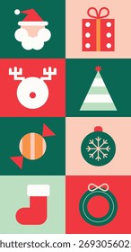 Iconos planos de Navidades de estilo Vector en rojo, verde y blanco. El diseño de Vector plano incluye Santa, regalos y símbolos festivos. Iconos lindos de las vacaciones y de las Navidades, incluyendo Elementos festivos del Vector.