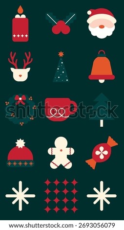 Flat vector style Christmas icons with bold colors. Flat vector includes Santa, tree, and candle in festive concept. Cute holiday and Christmas icons, including festive vector elements.
