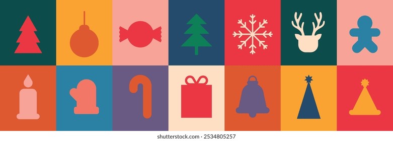 Flat vector style with colorful holiday icons. Flat vector design includes trees, gifts, and snowflakes in vibrant hues. Fun and colorful flat icon, festive holiday and Christmas element set.