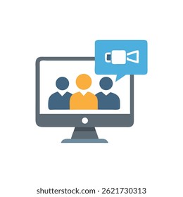 Flat vector style depicting a team video call on a computer screen with leader.