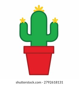 A flat vector style drawing of a simple green potted cactus featuring three yellow flowers blooming on its arms and top against a plain background