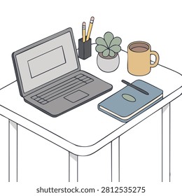 A flat vector style drawing of a simple office desk featuring a laptop computer, a notepad with a pen, a small potted plant, and a mug.