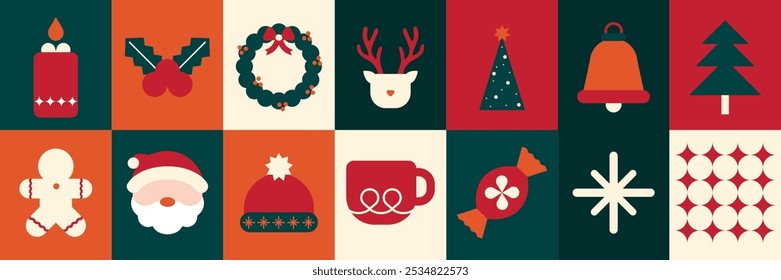 Flat vector style with festive icons in red, green, and cream. Vector style features Christmas elements like Santa, trees, and bells. Cute holiday and Christmas icons, including festive vector element