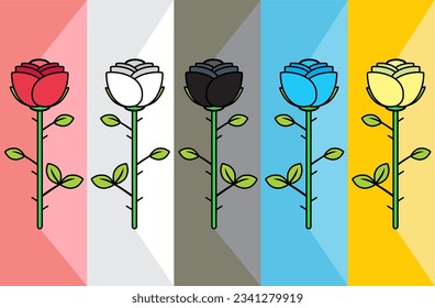 Flat Vector Style of Five Roses in Different Colors With Branches of Leaves, Stems, and Thorns.