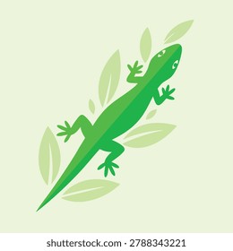 A flat vector style graphic featuring a vibrant green lizard climbing amongst stylized light green leaves