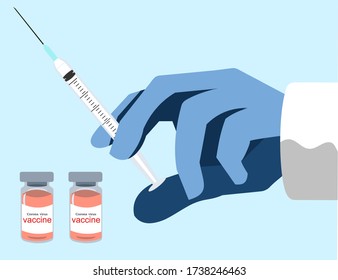 Flacher Vektorstil der Handimpfungen und Impfflaschen des Arztes.