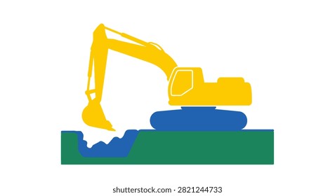 A flat vector style icon depicting a yellow construction excavator working on a patch of green earth against a white background
