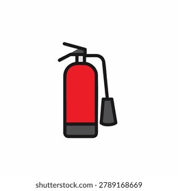 A flat vector style icon of a red fire extinguisher with a black nozzle and handle isolated on a white background