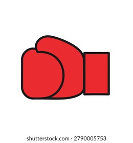 A flat vector style icon of a red boxing glove with a bold black outline isolated on a white background
