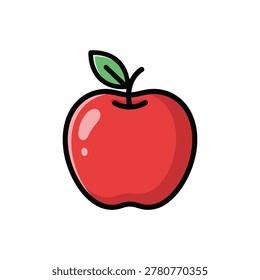 A flat vector style icon of a shiny red apple featuring a single green leaf and a clean bold outline isolated on a white background